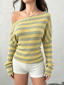 K-Vae Contrast Striped Pattern Asymmetrical Neck Slim Fit Rib-Knit Tee - Multicolor - View 5