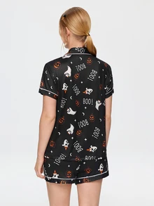 Bonmuse 2pcs Halloween Ghost Pumpkin Pattern Short Sleeve Collared Top And Bow Shorts Women's Pajama Set - Black - View 2