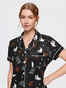 Bonmuse 2pcs Halloween Ghost Pumpkin Pattern Short Sleeve Collared Top And Bow Shorts Women's Pajama Set - Black - View 5