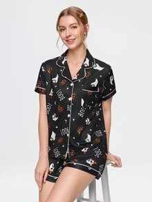 Bonmuse 2pcs Halloween Ghost Pumpkin Pattern Short Sleeve Collared Top And Bow Shorts Women's Pajama Set - Black - View 3