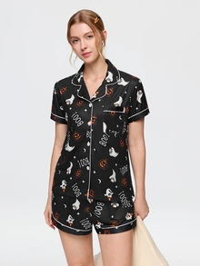 Bonmuse 2pcs Halloween Ghost Pumpkin Pattern Short Sleeve Collared Top And Bow Shorts Women's Pajama Set - Black - View 7