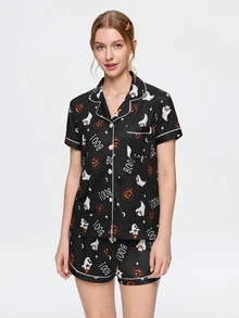 Bonmuse 2pcs Halloween Ghost Pumpkin Pattern Short Sleeve Collared Top And Bow Shorts Women's Pajama Set - Black - View 8