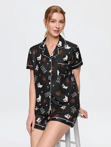 Bonmuse 2pcs Halloween Ghost Pumpkin Pattern Short Sleeve Collared Top And Bow Shorts Women's Pajama Set - Black - View 4