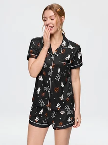 Bonmuse 2pcs Halloween Ghost Pumpkin Pattern Short Sleeve Collared Top And Bow Shorts Women's Pajama Set - Black - View 1