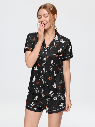 Bonmuse 2pcs Halloween Ghost Pumpkin Pattern Short Sleeve Collared Top And Bow Shorts Women's Pajama Set