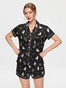 Bonmuse 2pcs Halloween Ghost Pumpkin Pattern Short Sleeve Collared Top And Bow Shorts Women's Pajama Set - Black - View 6