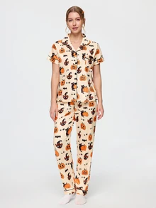 Bonmuse 2-Piece Halloween Women's Pajama Set, Pumpkin & Ghost Cat Print, Short Sleeve Cardigan & Long Pants Set, All Season, Home Wear, Comfortable & Loose - Apricot - View 2