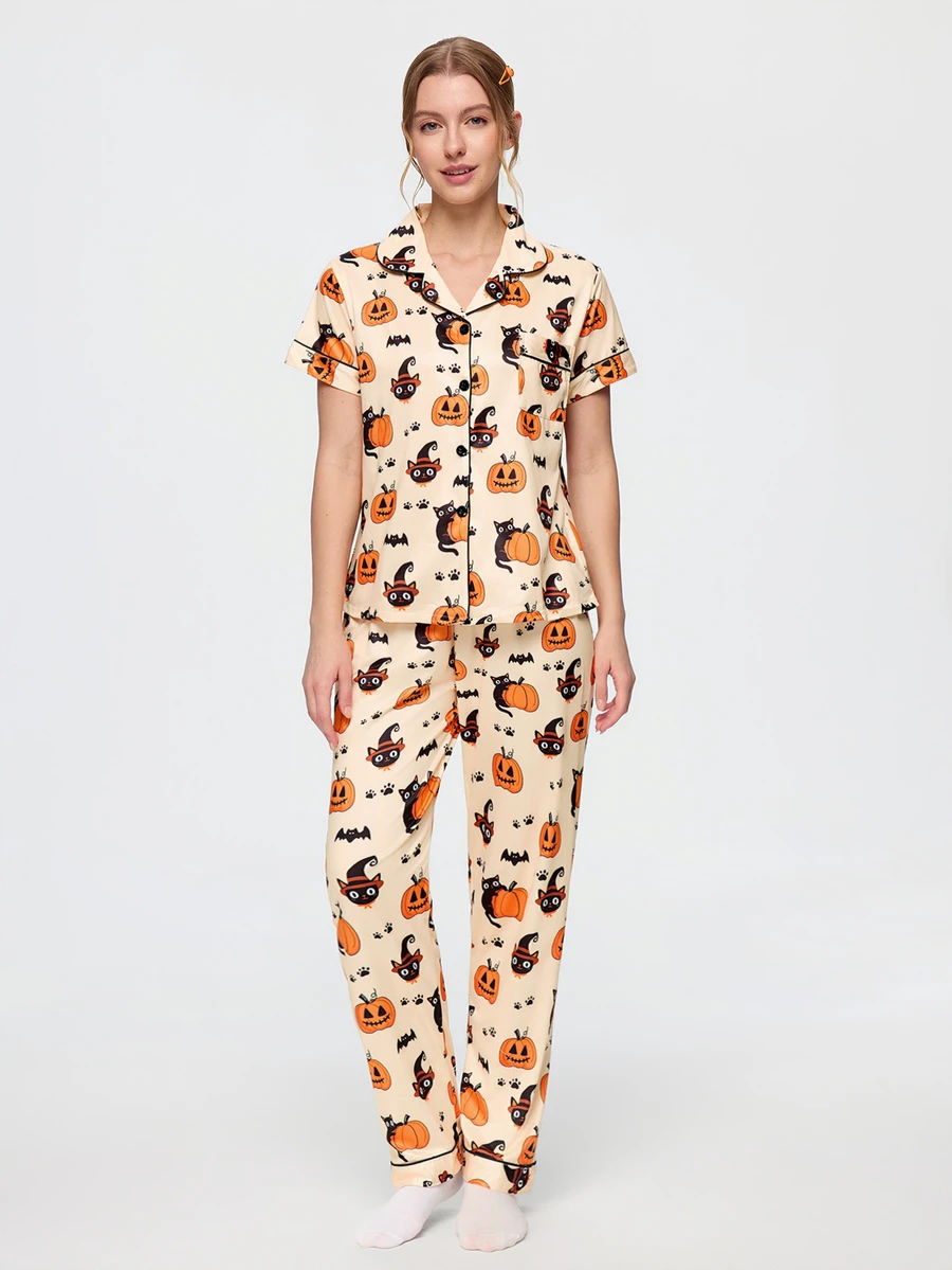 Bonmuse 2-Piece Halloween Women's Pajama Set, Pumpkin & Ghost Cat Print, Short Sleeve Cardigan & Long Pants Set, All Season, Home Wear, Comfortable & Loose