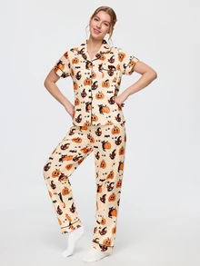 Bonmuse 2-Piece Halloween Women's Pajama Set, Pumpkin & Ghost Cat Print, Short Sleeve Cardigan & Long Pants Set, All Season, Home Wear, Comfortable & Loose - Apricot - View 10