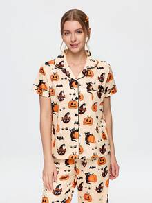 Bonmuse 2-Piece Halloween Women's Pajama Set, Pumpkin & Ghost Cat Print, Short Sleeve Cardigan & Long Pants Set, All Season, Home Wear, Comfortable & Loose - Apricot - View 8