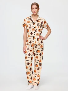 Bonmuse 2-Piece Halloween Women's Pajama Set, Pumpkin & Ghost Cat Print, Short Sleeve Cardigan & Long Pants Set, All Season, Home Wear, Comfortable & Loose - Apricot - View 6