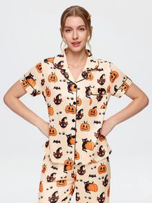 Bonmuse 2-Piece Halloween Women's Pajama Set, Pumpkin & Ghost Cat Print, Short Sleeve Cardigan & Long Pants Set, All Season, Home Wear, Comfortable & Loose - Apricot - View 9