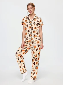 Bonmuse 2-Piece Halloween Women's Pajama Set, Pumpkin & Ghost Cat Print, Short Sleeve Cardigan & Long Pants Set, All Season, Home Wear, Comfortable & Loose - Apricot - View 4