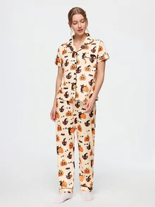 Bonmuse 2-Piece Halloween Women's Pajama Set, Pumpkin & Ghost Cat Print, Short Sleeve Cardigan & Long Pants Set, All Season, Home Wear, Comfortable & Loose - Apricot - View 7