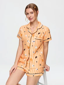 Bonmuse Pyjamasset för kvinnor med Halloween-pumpamönster, kortärmad topp och shorts i bubblig crinkle-stil - Orange - Visa 9
