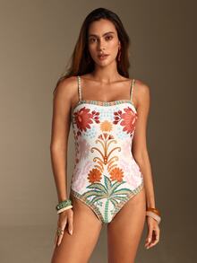 Swim Oasis 女款花卉印花連身泳衣與短褲套裝，適合海灘度假、泳池派對、海灘派對 - 彩色 - 查看 14