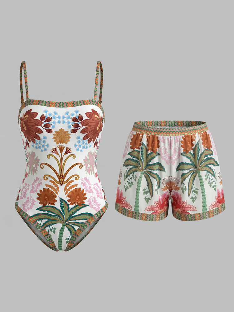 Swim Oasis Women's Floral Print One-Piece Swimsuit And Shorts, Suitable For Beach Vacation, Pool Party, Beach Party - Multicolor - View 3