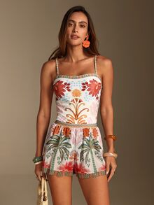 Swim Oasis 女款花卉印花連身泳衣與短褲套裝，適合海灘度假、泳池派對、海灘派對 - 彩色 - 查看 13
