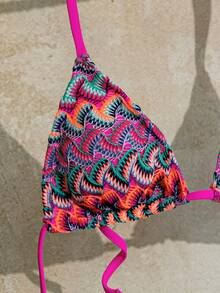 SHEIN Swim 夏季性感熱帶風掛脖綁帶比基尼套裝 女款 小胸顯瘦修身 粉色與青色提花布料 三角泳衣 適合海灘派對 - 彩色 - 查看 5