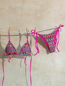 SHEIN Swim 夏季性感熱帶風掛脖綁帶比基尼套裝 女款 小胸顯瘦修身 粉色與青色提花布料 三角泳衣 適合海灘派對 - 彩色 - 查看 3