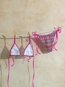 SHEIN Swim 夏季性感熱帶風掛脖綁帶比基尼套裝 女款 小胸顯瘦修身 粉色與青色提花布料 三角泳衣 適合海灘派對 - 彩色 - 查看 2