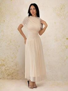 SHEIN PETITE Solid Beige Round Neck Short Sleeve Fitted Ruched Flared Elegant Dress - Suitable For Weddings, Formal Dinners, Dates And Guest Attire - Apricot - View 5