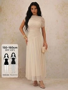 SHEIN PETITE Solid Beige Round Neck Short Sleeve Fitted Ruched Flared Elegant Dress - Suitable For Weddings, Formal Dinners, Dates And Guest Attire - Apricot - View 4