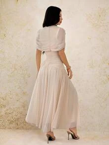 SHEIN PETITE Solid Beige Round Neck Short Sleeve Fitted Ruched Flared Elegant Dress - Suitable For Weddings, Formal Dinners, Dates And Guest Attire - Apricot - View 2
