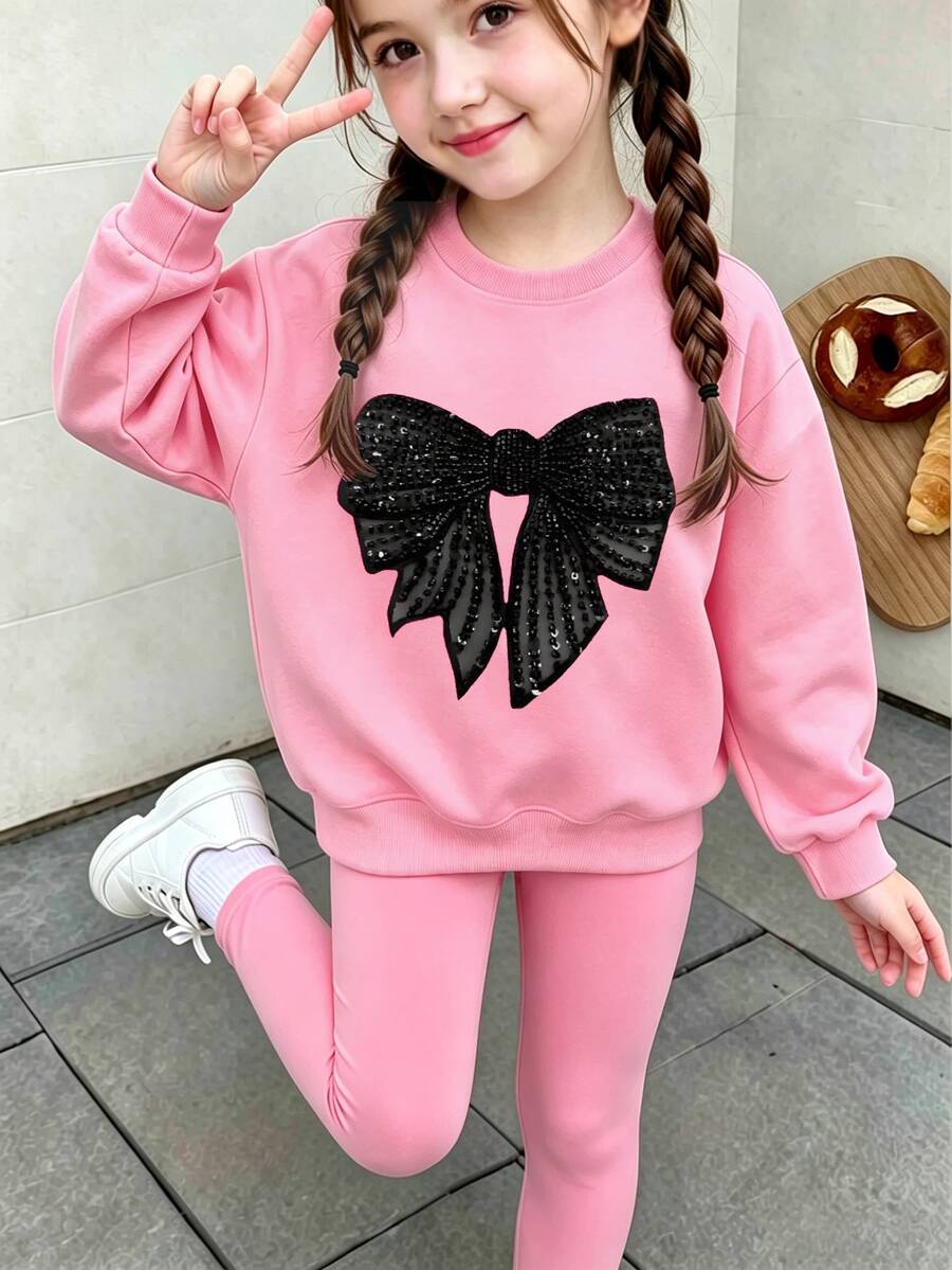 Young Girl Crewneck Sweatshirt, 3D Effect Black Bow Graphic Long Sleeve Pullover, Sweet Casual Autumn Young Girl Tops - Pink - View 1