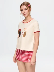 Bonmuse Contrast Trim Round Neck Cute Dachshund Cartoon Print Short Sleeve Shorts Pajama Set - Multicolor - View 3