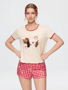Bonmuse Contrast Trim Round Neck Cute Dachshund Cartoon Print Short Sleeve Shorts Pajama Set - Multicolor - View 5