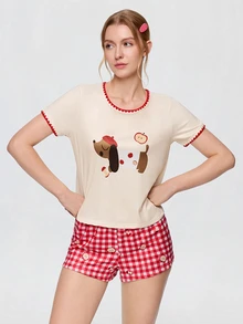 Bonmuse Contrast Trim Round Neck Cute Dachshund Cartoon Print Short Sleeve Shorts Pajama Set - Multicolor - View 7