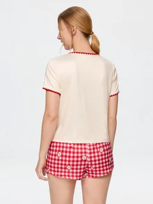 Bonmuse Contrast Trim Round Neck Cute Dachshund Cartoon Print Short Sleeve Shorts Pajama Set - Multicolor - View 2