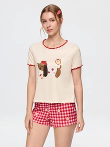 Bonmuse Contrast Trim Round Neck Cute Dachshund Cartoon Print Short Sleeve Shorts Pajama Set - Multicolor - View 4