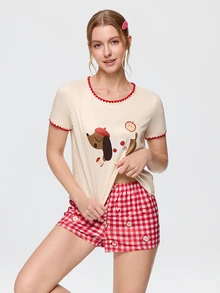 Bonmuse Contrast Trim Round Neck Cute Dachshund Cartoon Print Short Sleeve Shorts Pajama Set - Multicolor - View 8