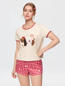 Bonmuse Contrast Trim Round Neck Cute Dachshund Cartoon Print Short Sleeve Shorts Pajama Set - Multicolor - View 1