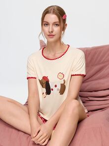 Bonmuse Contrast Trim Round Neck Cute Dachshund Cartoon Print Short Sleeve Shorts Pajama Set - Multicolor - View 6