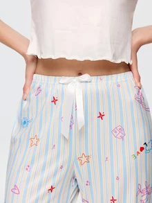 Bonmuse Sweet Heart Short Sleeve Top & Graffiti Striped Print Long Pants Women's Pajama Set - White - View 9