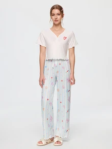 Bonmuse Sweet Heart Short Sleeve Top & Graffiti Striped Print Long Pants Women's Pajama Set - White - View 7