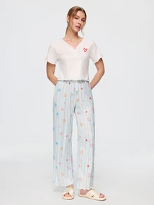 Bonmuse Sweet Heart Short Sleeve Top & Graffiti Striped Print Long Pants Women's Pajama Set - White - View 4