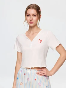 Bonmuse Sweet Heart Short Sleeve Top & Graffiti Striped Print Long Pants Women's Pajama Set - White - View 3