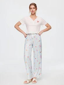 Bonmuse Sweet Heart Short Sleeve Top & Graffiti Striped Print Long Pants Women's Pajama Set - White - View 8
