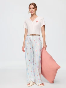 Bonmuse Sweet Heart Short Sleeve Top & Graffiti Striped Print Long Pants Women's Pajama Set - White - View 1