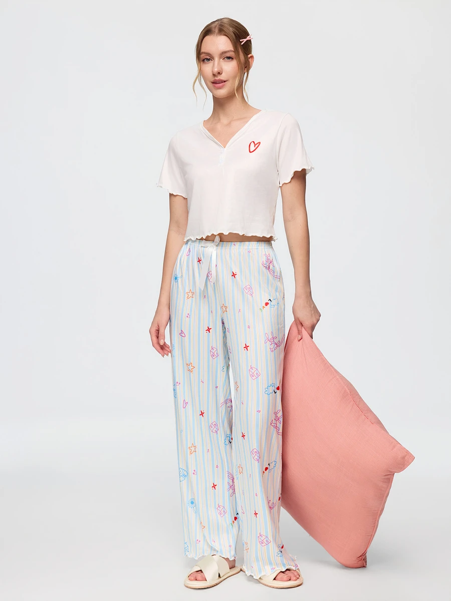 Bonmuse Sweet Heart Short Sleeve Top & Graffiti Striped Print Long Pants Women's Pajama Set - White - View 1