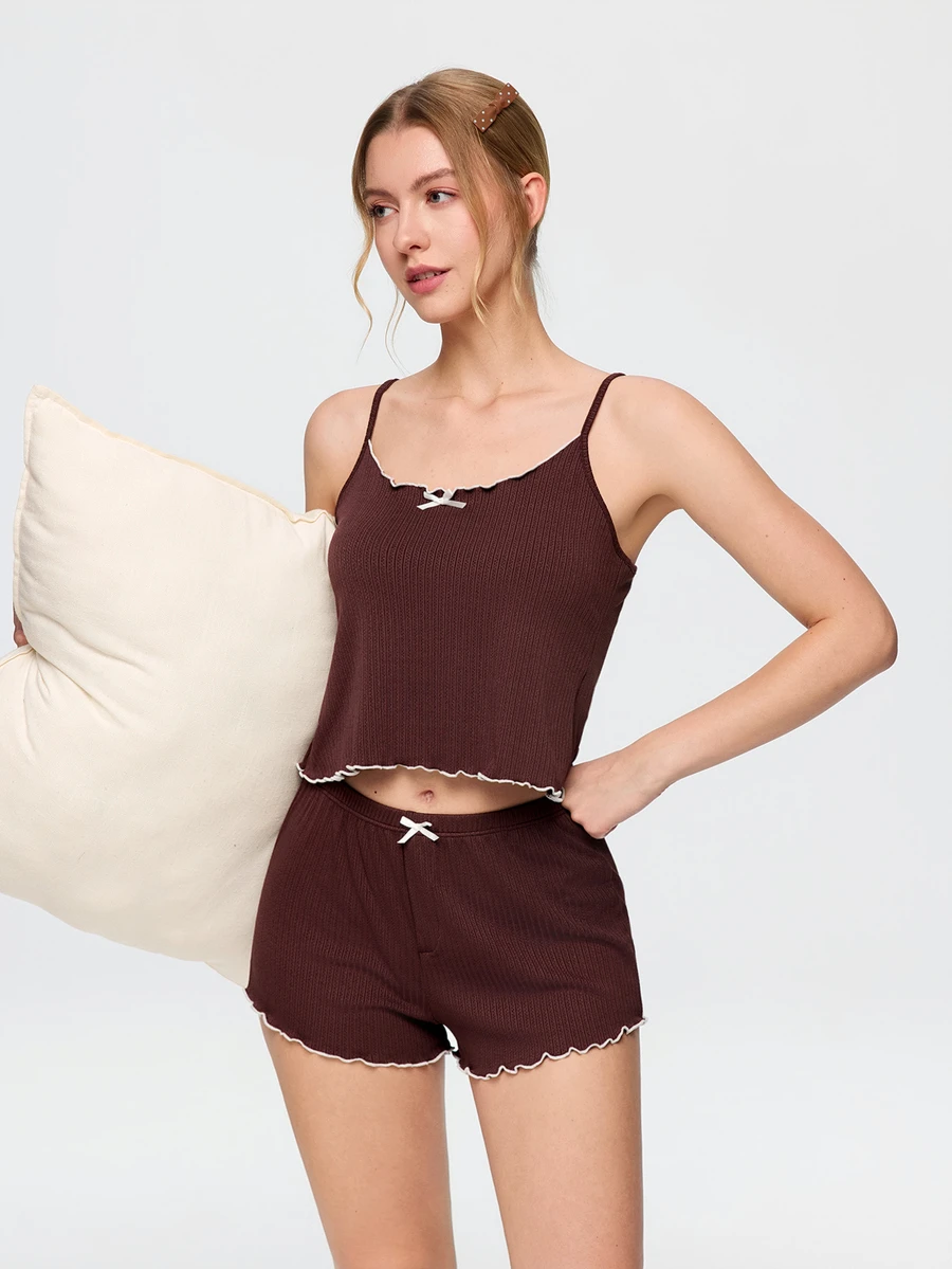 Bonmuse Ins Minimalist Style Purple Casual Ribbed Women's Loungewear Pajamas Suitable For Outdoor Wear - Brown - View 1