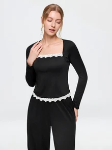 Bonmuse Y2K Style Women's Pajama Set With Lace Trim And Bow Decor Cozy And Elegant Details, Fall Winter Clothes - Black - View 6