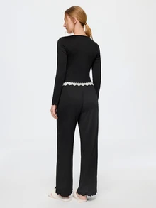 Bonmuse Y2K Style Women's Pajama Set With Lace Trim And Bow Decor Cozy And Elegant Details, Fall Winter Clothes - Black - View 2