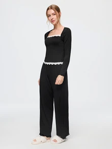 Bonmuse Y2K Style Women's Pajama Set With Lace Trim And Bow Decor Cozy And Elegant Details, Fall Winter Clothes - Black - View 5