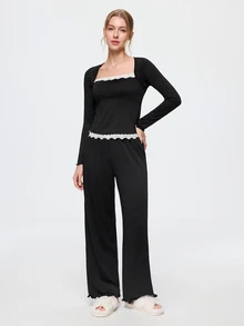 Bonmuse Y2K Style Women's Pajama Set With Lace Trim And Bow Decor Cozy And Elegant Details, Fall Winter Clothes - Black - View 1