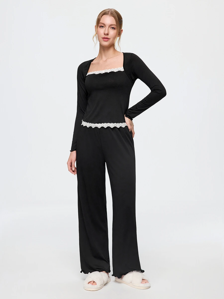 Bonmuse Y2K Style Women's Pajama Set With Lace Trim And Bow Decor Cozy And Elegant Details, Fall Winter Clothes - Black - View 1
